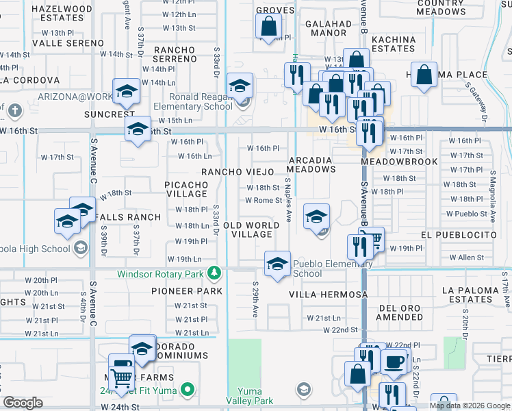 map of restaurants, bars, coffee shops, grocery stores, and more near 3148 London Drive in Yuma