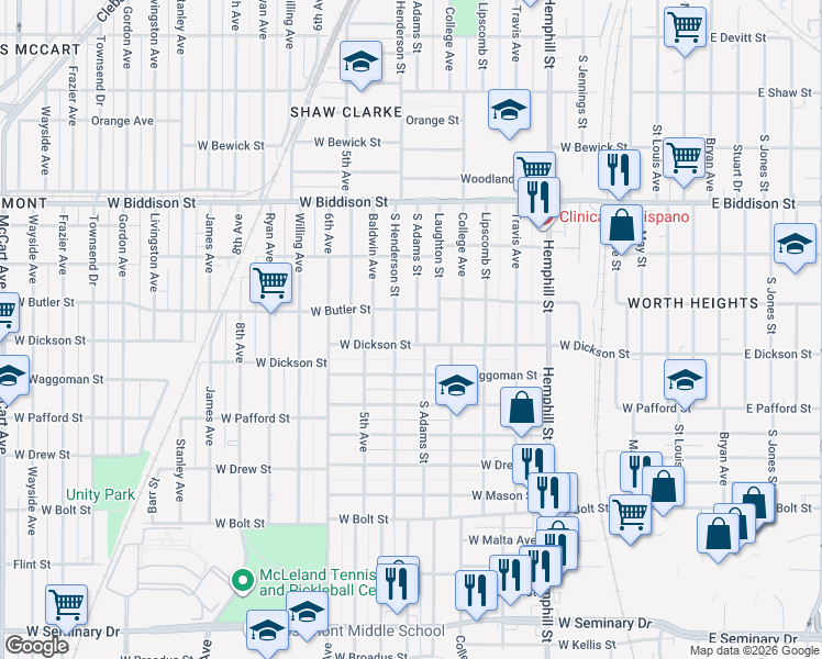 map of restaurants, bars, coffee shops, grocery stores, and more near 3725 South Adams Street in Fort Worth