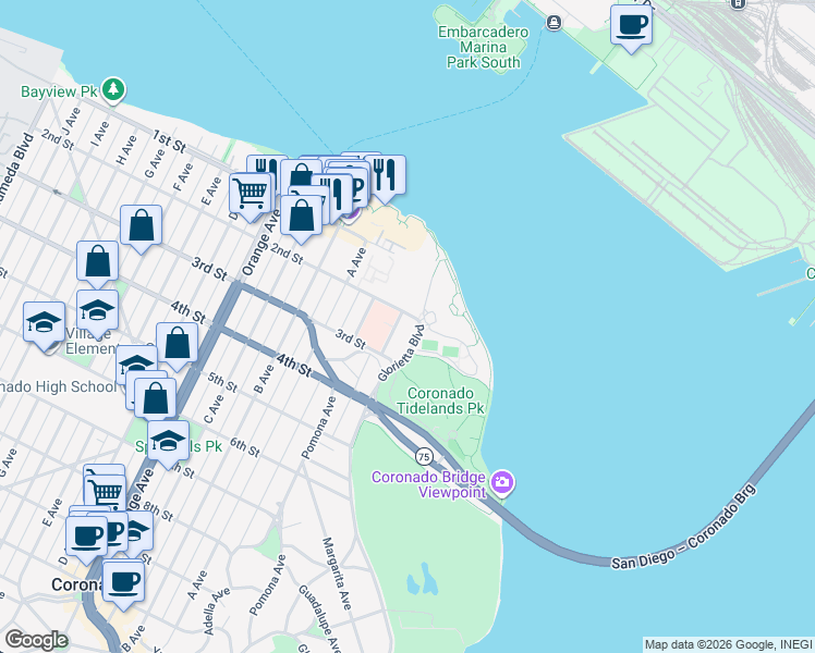 map of restaurants, bars, coffee shops, grocery stores, and more near 233 Prospect Place in Coronado