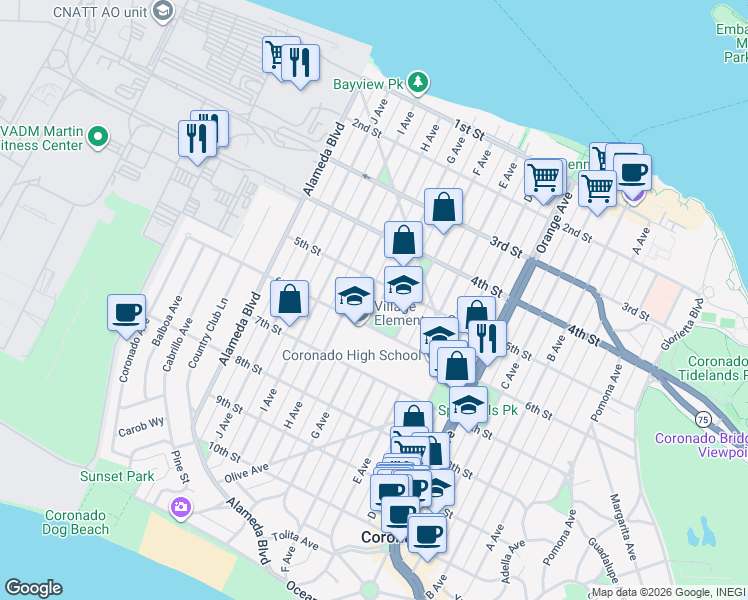 map of restaurants, bars, coffee shops, grocery stores, and more near 536 G Avenue in Coronado
