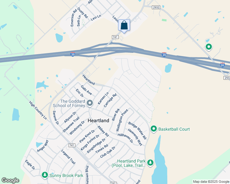 map of restaurants, bars, coffee shops, grocery stores, and more near 2036 Carriage Road in Forney