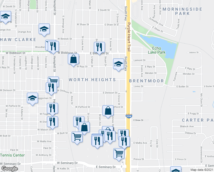 map of restaurants, bars, coffee shops, grocery stores, and more near 3721 Stuart Drive in Fort Worth