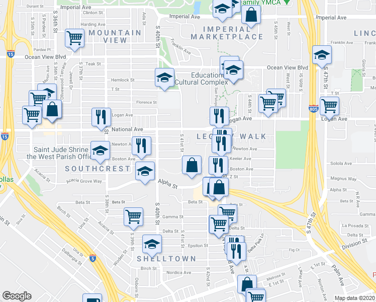 map of restaurants, bars, coffee shops, grocery stores, and more near 1111 South 41st Street in San Diego
