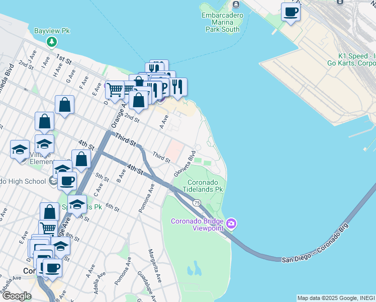 map of restaurants, bars, coffee shops, grocery stores, and more near 255 Soledad Place in Coronado