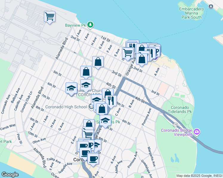 map of restaurants, bars, coffee shops, grocery stores, and more near in Coronado