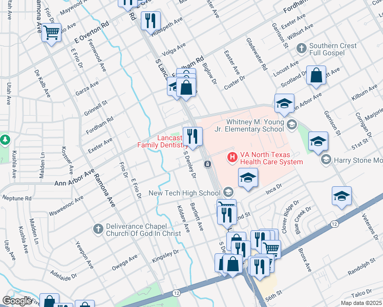 map of restaurants, bars, coffee shops, grocery stores, and more near 4419 South Denley Drive in Dallas