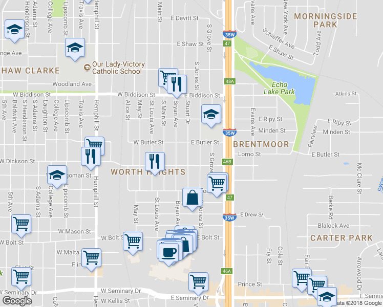 map of restaurants, bars, coffee shops, grocery stores, and more near 3735 South Jones Street in Fort Worth