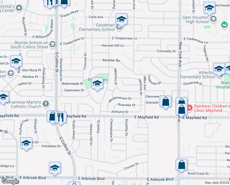 map of restaurants, bars, coffee shops, grocery stores, and more near 1407 Winderemere Drive in Arlington