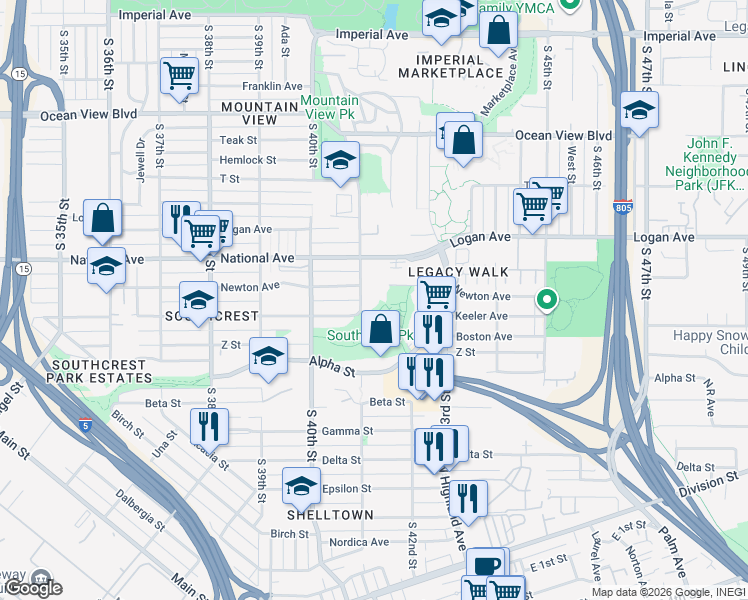 map of restaurants, bars, coffee shops, grocery stores, and more near 1107 South 41st Street in San Diego