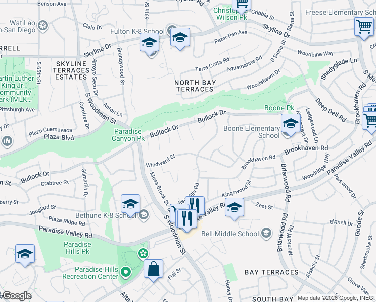map of restaurants, bars, coffee shops, grocery stores, and more near 6965 Windward Street in San Diego