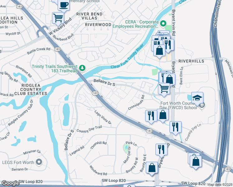 map of restaurants, bars, coffee shops, grocery stores, and more near 5644 Riverwalk Drive in Benbrook