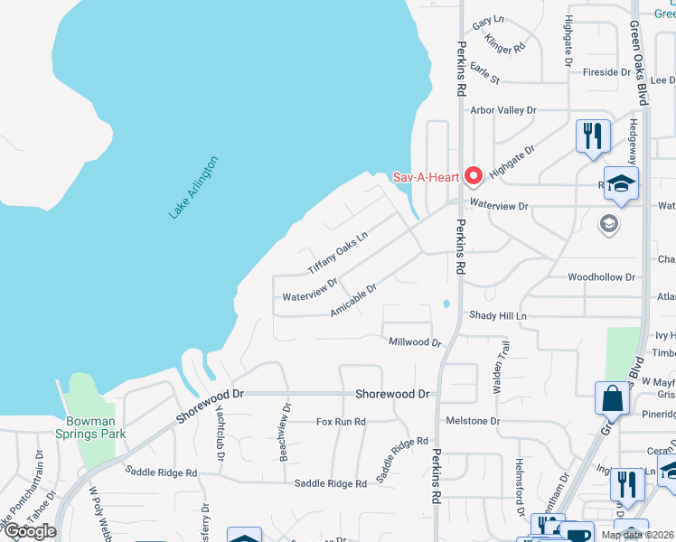 map of restaurants, bars, coffee shops, grocery stores, and more near 6210 Waterview Drive in Arlington