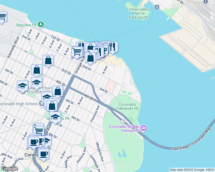 map of restaurants, bars, coffee shops, grocery stores, and more near 255 Soledad Place in Coronado