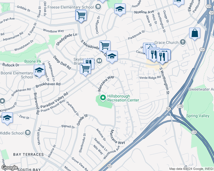 map of restaurants, bars, coffee shops, grocery stores, and more near 2549 Manzana Way in San Diego