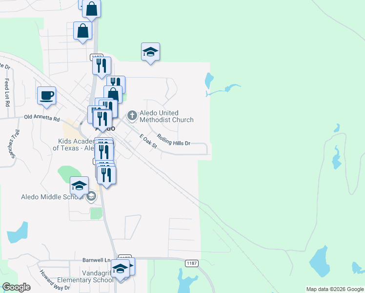 map of restaurants, bars, coffee shops, grocery stores, and more near 509 East Oak Street in Aledo