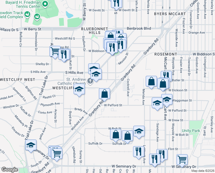 map of restaurants, bars, coffee shops, grocery stores, and more near 3770 Winfield Avenue in Fort Worth