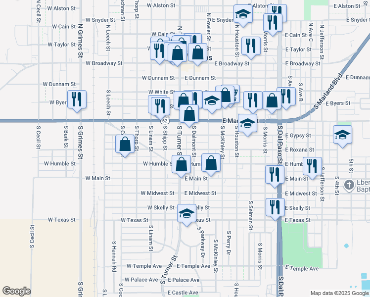 map of restaurants, bars, coffee shops, grocery stores, and more near 115 East Roxana Street in Hobbs