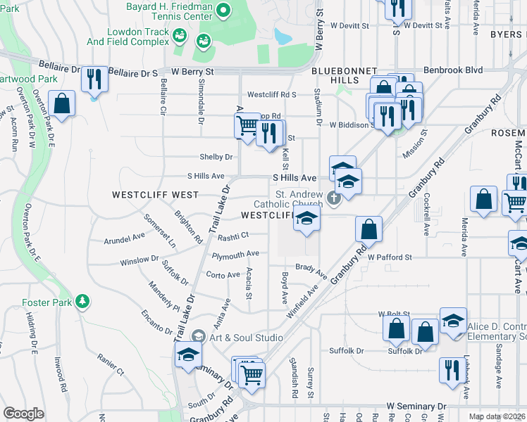 map of restaurants, bars, coffee shops, grocery stores, and more near 3550 Dryden Road in Fort Worth