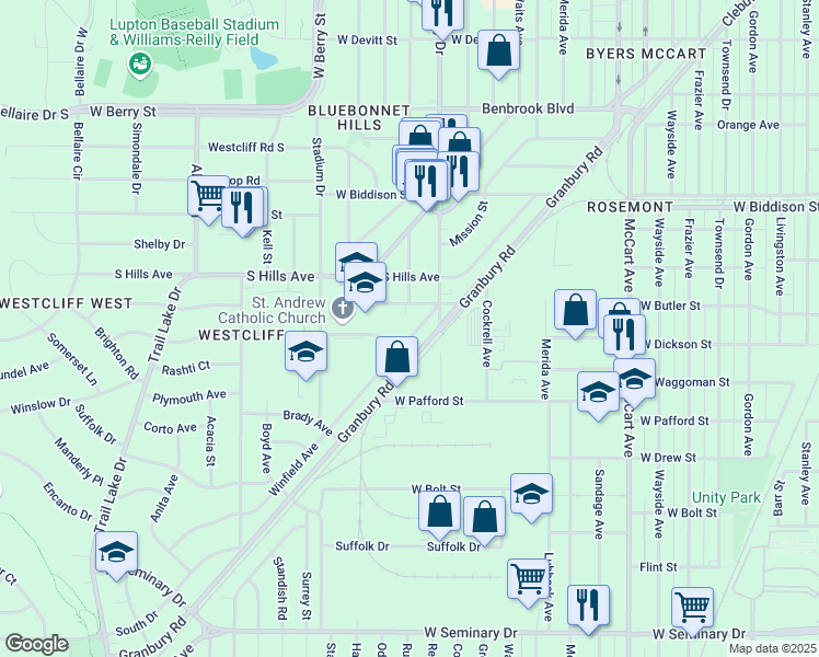 map of restaurants, bars, coffee shops, grocery stores, and more near 3770 Winfield Avenue in Fort Worth