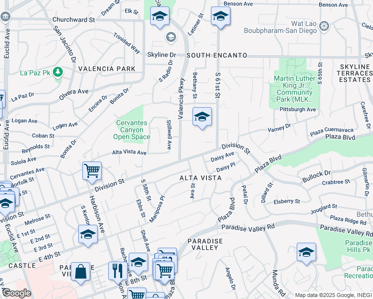 map of restaurants, bars, coffee shops, grocery stores, and more near 5909 Division Street in San Diego