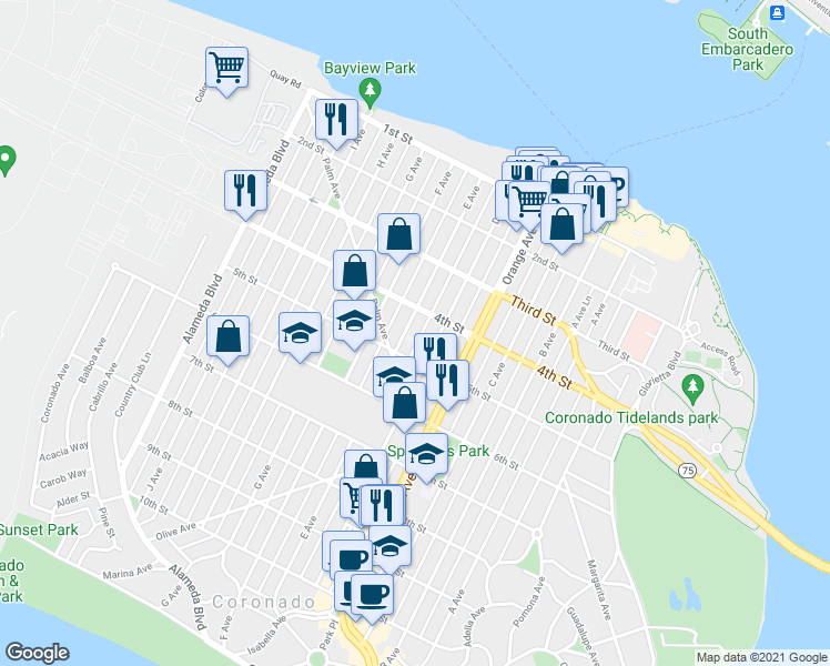 map of restaurants, bars, coffee shops, grocery stores, and more near 466 D Avenue in Coronado