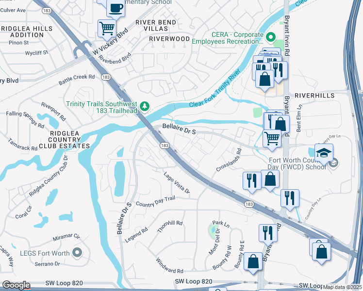 map of restaurants, bars, coffee shops, grocery stores, and more near 5651 Riverwalk Drive in Benbrook
