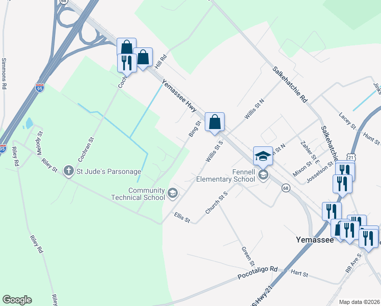 map of restaurants, bars, coffee shops, grocery stores, and more near 7 Washington Street in Yemassee