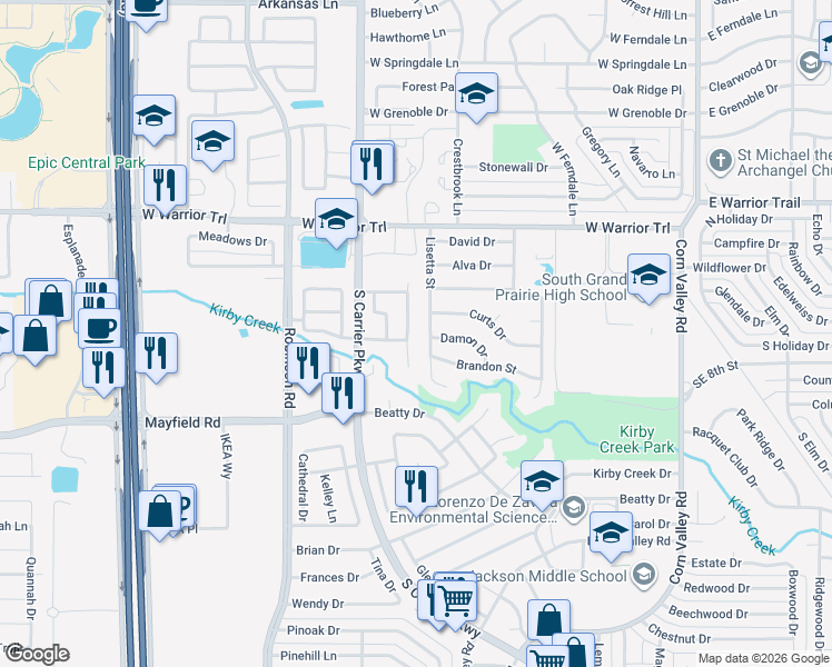 map of restaurants, bars, coffee shops, grocery stores, and more near 3165 Walingford Drive in Grand Prairie