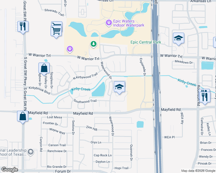 map of restaurants, bars, coffee shops, grocery stores, and more near 3139 Ponds Edge Trail in Grand Prairie