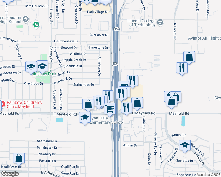 map of restaurants, bars, coffee shops, grocery stores, and more near South Watson Road in Arlington