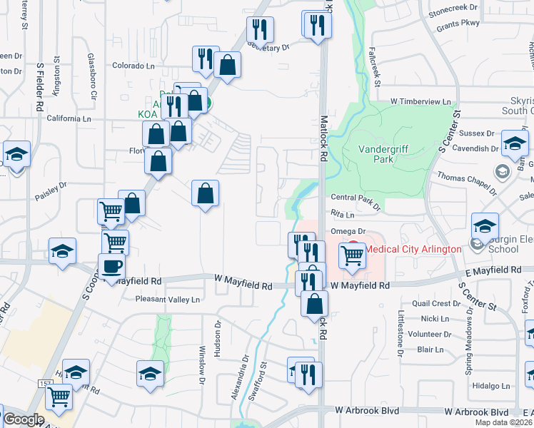map of restaurants, bars, coffee shops, grocery stores, and more near 3200 Matlock Road in Arlington