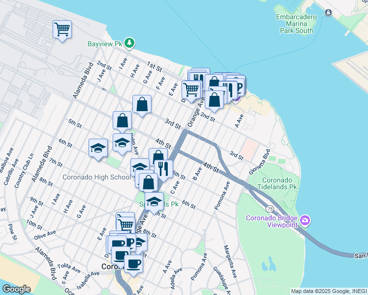 map of restaurants, bars, coffee shops, grocery stores, and more near 361 Orange Avenue in Coronado