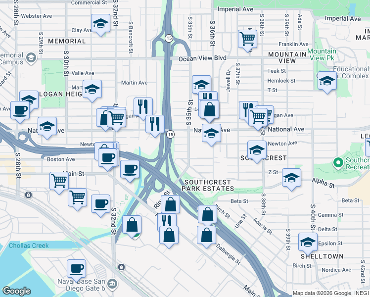 map of restaurants, bars, coffee shops, grocery stores, and more near 3483-85 Newton Avenue in San Diego