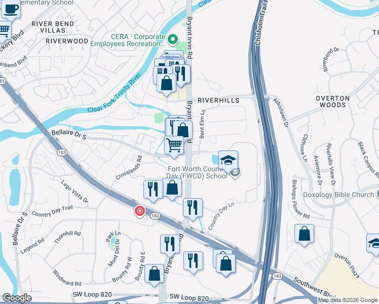 map of restaurants, bars, coffee shops, grocery stores, and more near Bellaire Drive in Fort Worth