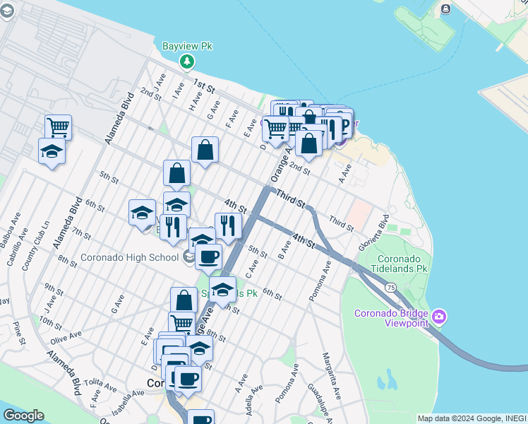map of restaurants, bars, coffee shops, grocery stores, and more near 365 Orange Avenue in Coronado