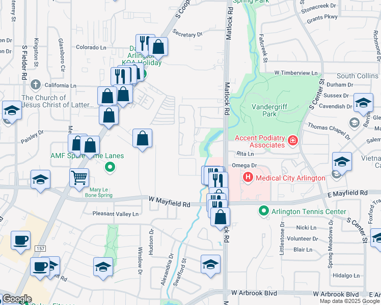 map of restaurants, bars, coffee shops, grocery stores, and more near 3014 Franciscan Drive in Arlington