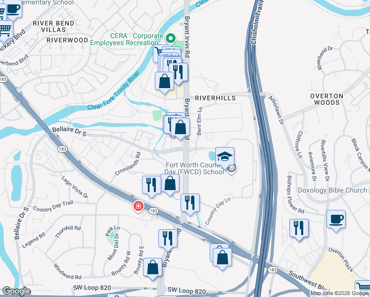 map of restaurants, bars, coffee shops, grocery stores, and more near Bellaire Drive in Fort Worth