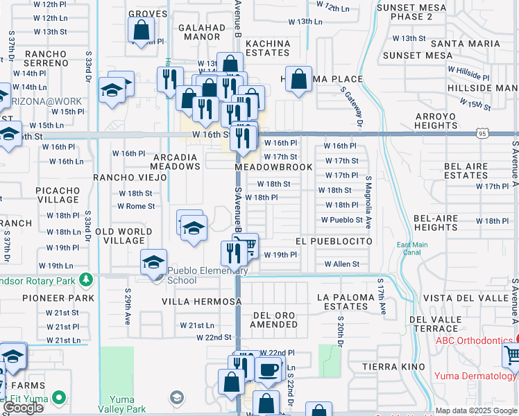 map of restaurants, bars, coffee shops, grocery stores, and more near 2254 West Brook Street in Yuma