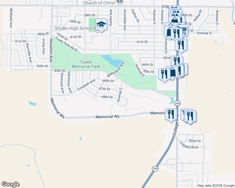 map of restaurants, bars, coffee shops, grocery stores, and more near 2600 47th Street in Snyder