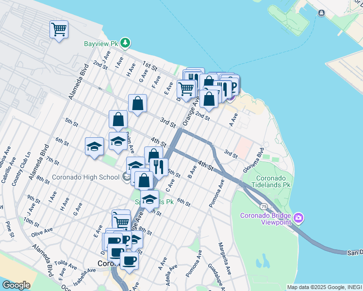 map of restaurants, bars, coffee shops, grocery stores, and more near 355 Orange Avenue in Coronado