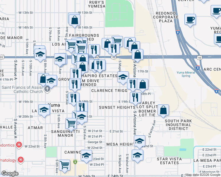 map of restaurants, bars, coffee shops, grocery stores, and more near 1842 South Madison Avenue in Yuma