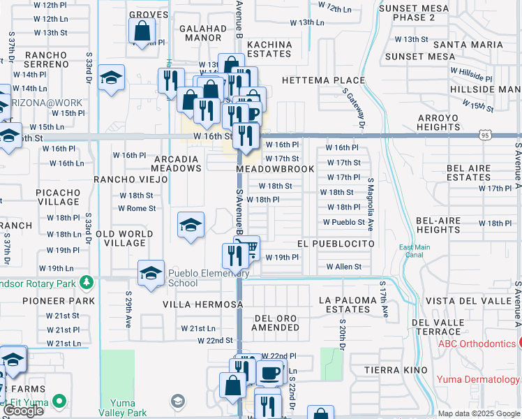map of restaurants, bars, coffee shops, grocery stores, and more near 2254 West Brook Street in Yuma