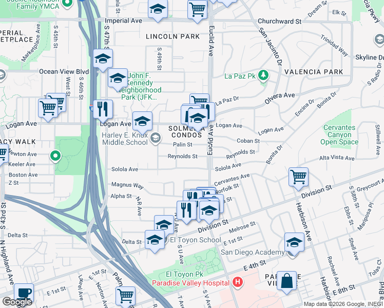 map of restaurants, bars, coffee shops, grocery stores, and more near 5036 Solola Avenue in San Diego
