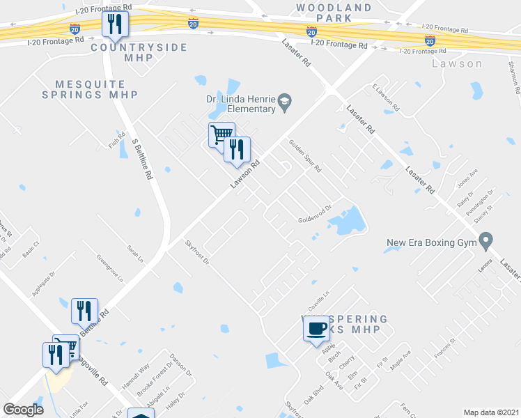 map of restaurants, bars, coffee shops, grocery stores, and more near The Willows Mobile Home Park in Dallas