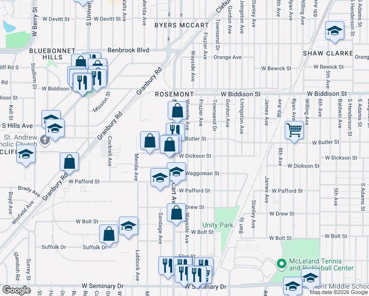 map of restaurants, bars, coffee shops, grocery stores, and more near 3751 Wayside Avenue in Fort Worth
