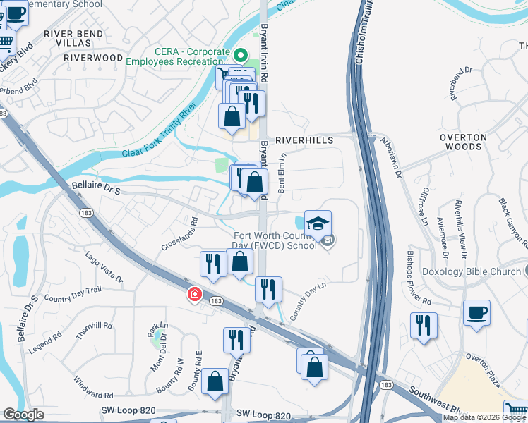 map of restaurants, bars, coffee shops, grocery stores, and more near 4201-4209 Bryant Irvin Road in Fort Worth
