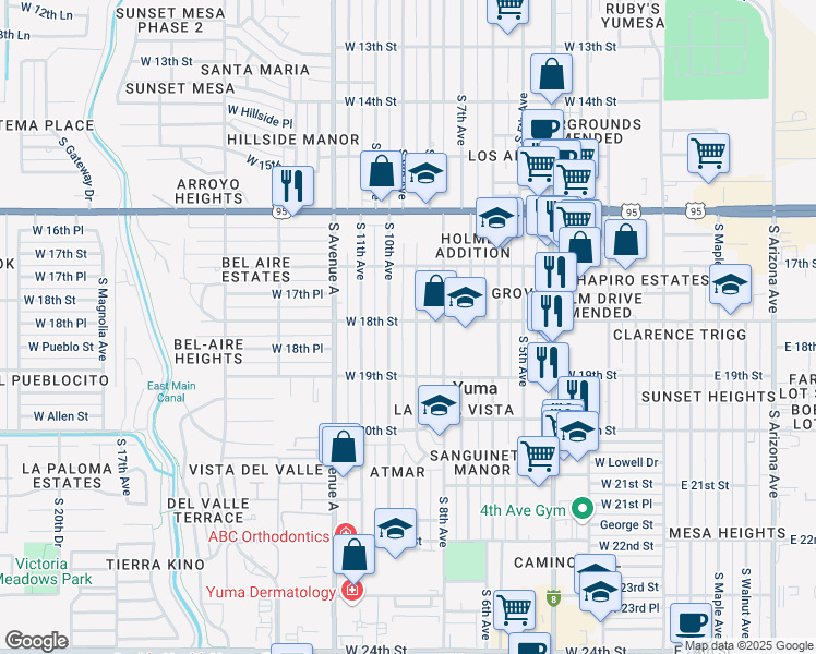 map of restaurants, bars, coffee shops, grocery stores, and more near 1865 South 9th Avenue in Yuma
