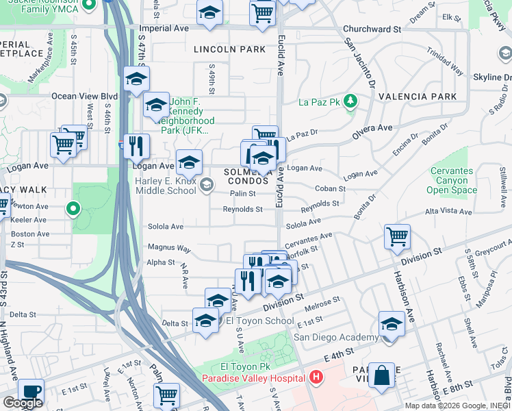 map of restaurants, bars, coffee shops, grocery stores, and more near 5036 Solola Avenue in San Diego