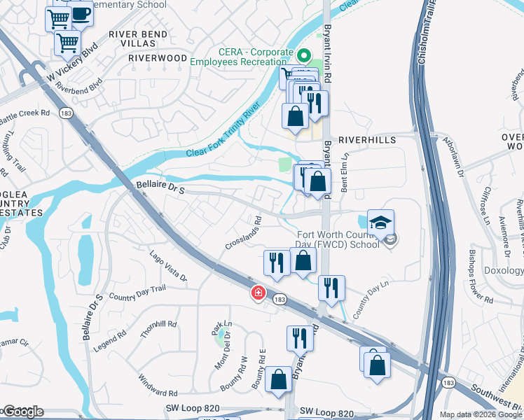 map of restaurants, bars, coffee shops, grocery stores, and more near Bellaire Dr S & Crosslands Rd in Benbrook