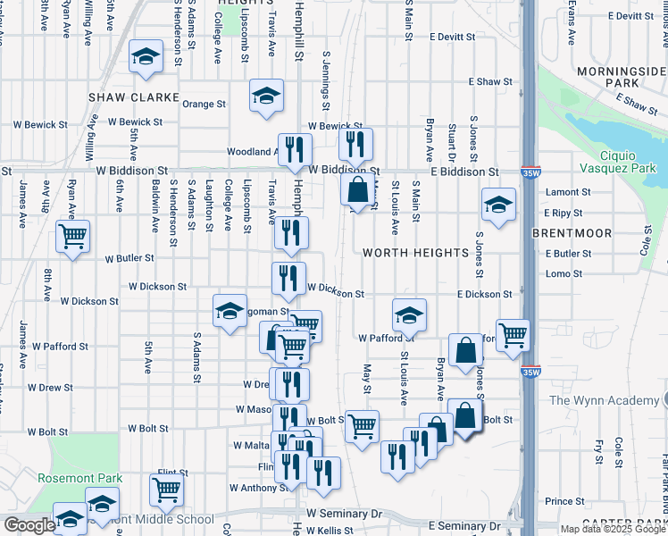 map of restaurants, bars, coffee shops, grocery stores, and more near 505 West Biddison Street in Fort Worth